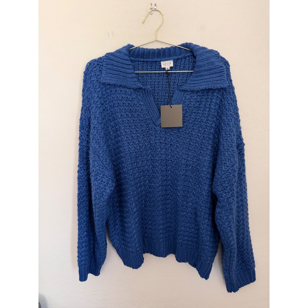 Le Lis Collection Royal Blue Basket Weave Knit Collar Boxy Sweater Size M NWT